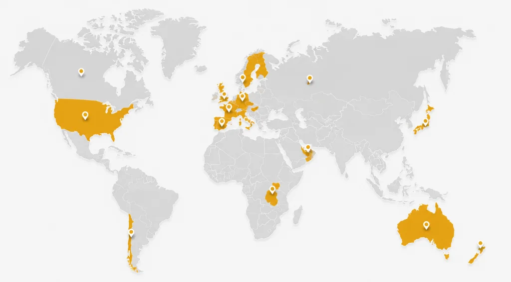 Mapa del mundo con color crema la parte en la que opera Pizarras del Carmen